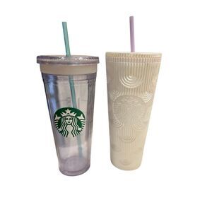 Set of 2 Starbucks Clear Venti Cold Cup & Siren Shell Pearl White Tumbler 24 oz